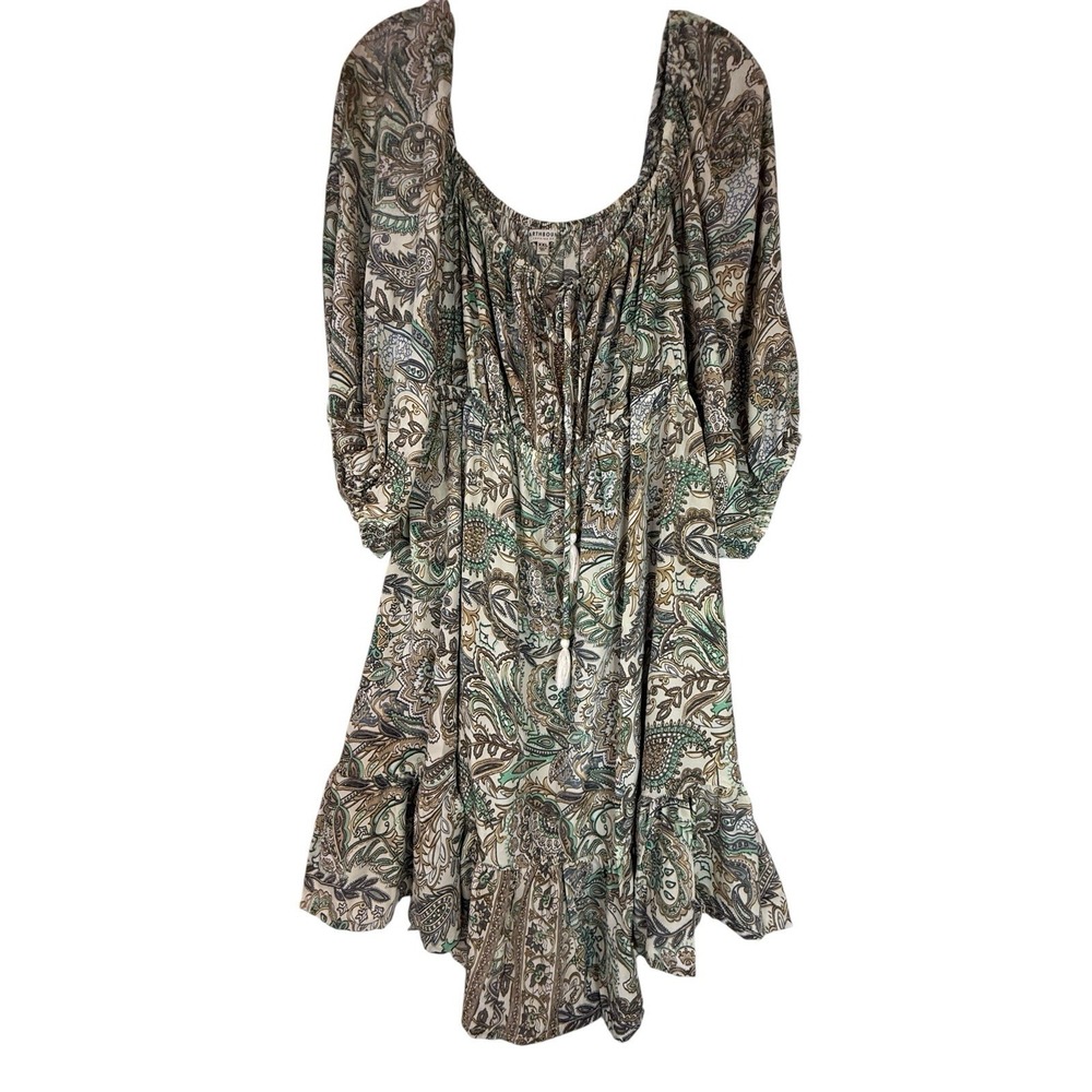 Earthbound Trading Co XXL Paisley Boho Peasant Tunic Top Green Cream Tassel Tie